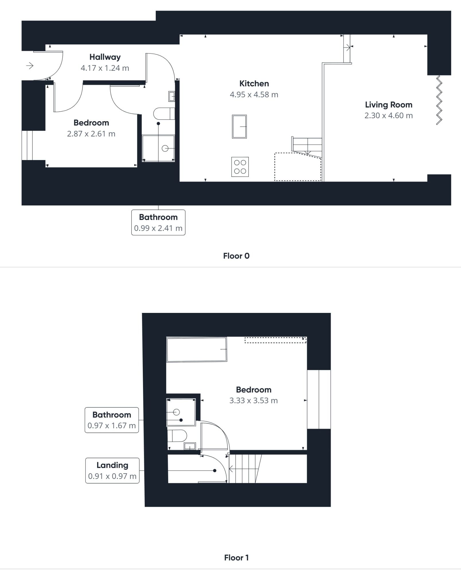 Ein Grundriss eines Hotels mit zwei Etagen. Jede Etage umfasst ein Schlafzimmer, ein Badezimmer und eine Küche. Im ersten Obergeschoss befindet sich außerdem eine Landebene.