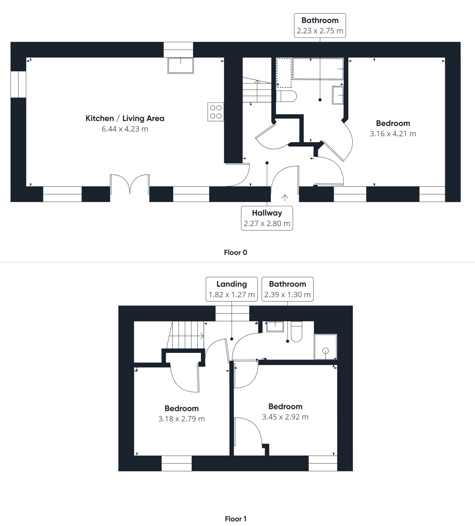 Grundriss eines Wohnhauses mit Küche/Wohnbereich, zwei Schlafzimmern und einem Badezimmer.