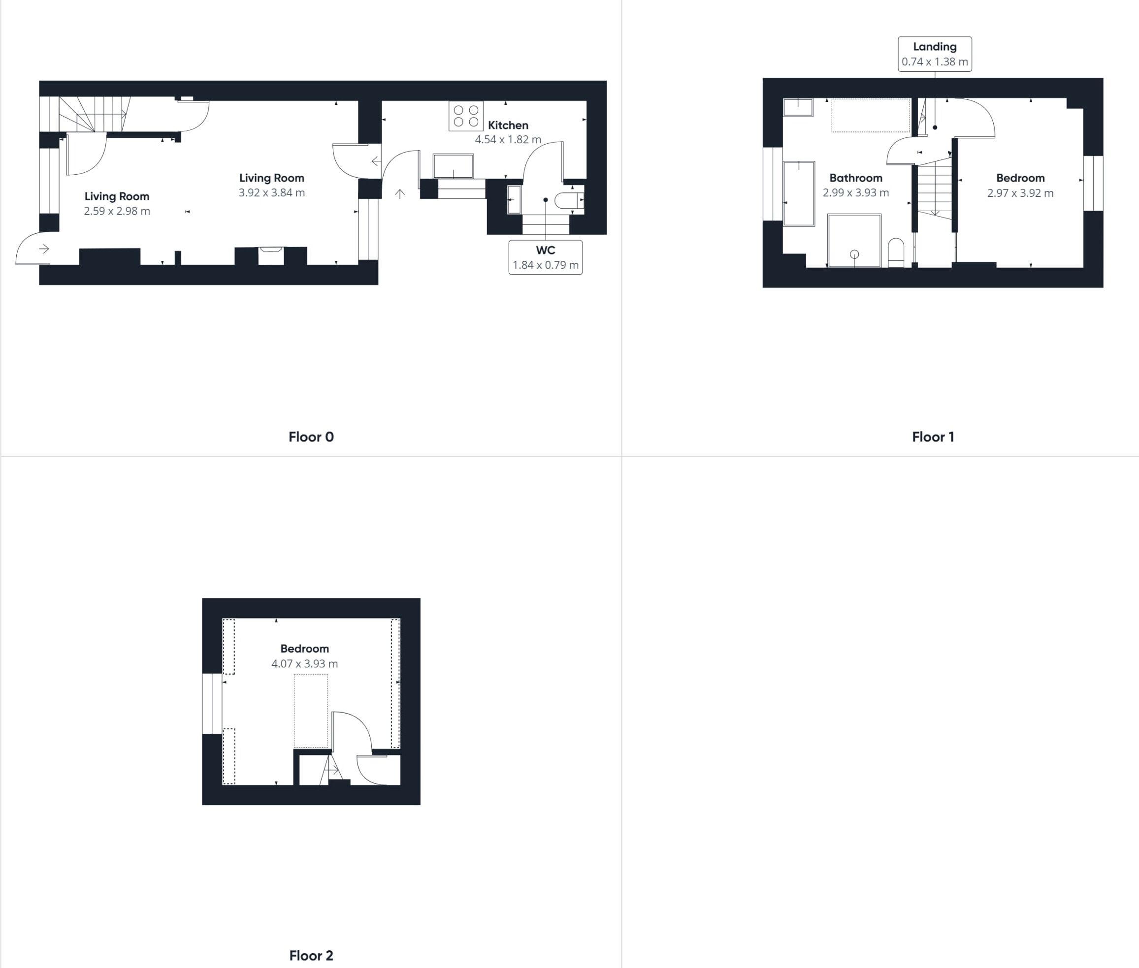 Planos de un hotel que muestran una sala de estar, cocina, aseo, baño y dormitorio en la primera planta, además de una sola habitación en la segunda planta.