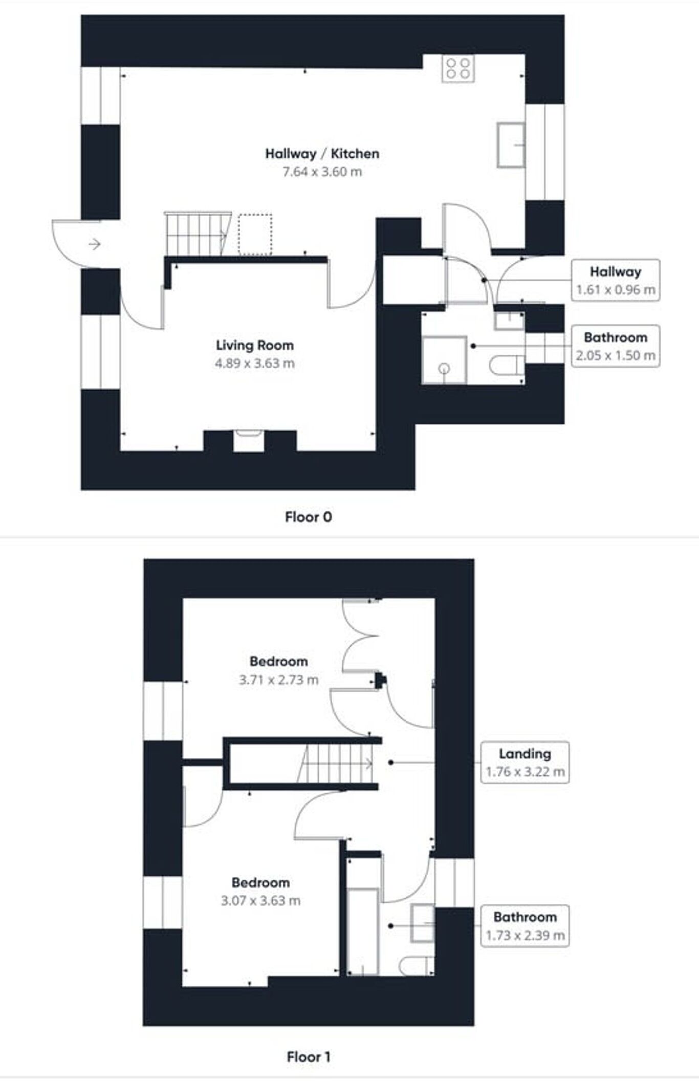 Two floor plans of a hotel room, including a living room, kitchen, bedrooms, and bathrooms.
