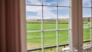 A view through a window with a grid pattern, displaying a green field and distant trees under a partly cloudy sky. - Host Stay The Paddock (Bedlington)