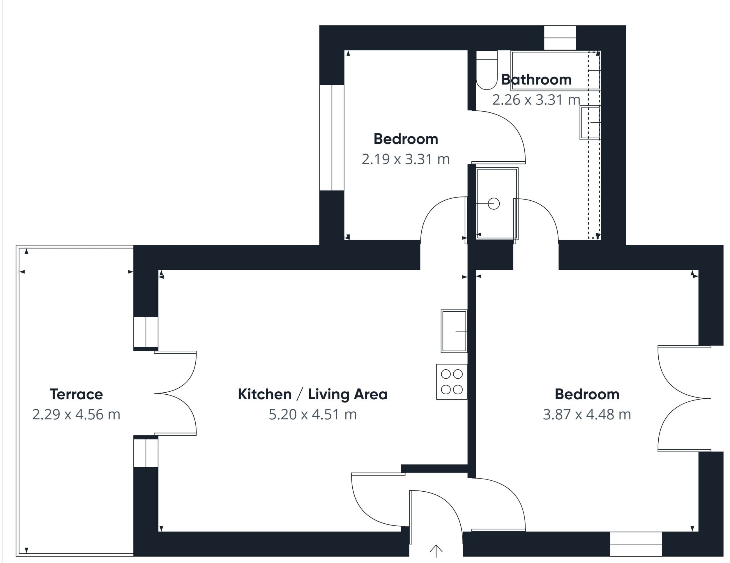 A floor plan with a terrace measuring 2.29 x 4.56 m, a kitchen/living area of 5.20 x 4.51 m, a bathroom of 2.26 x 3.31 m, and two bedrooms of 2.19 x 3.31 m and 3.87 x 4.48 m.