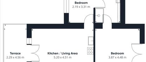 A floor plan with a terrace measuring 2.29 x 4.56 m, a kitchen/living area of 5.20 x 4.51 m, a bathroom of 2.26 x 3.31 m, and two bedrooms of 2.19 x 3.31 m and 3.87 x 4.48 m.