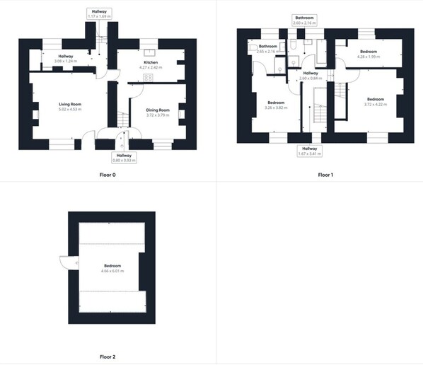 Floor plans of a hotel with two bedrooms, a kitchen, a dining room, and hallways. - Host Stay Atlanta Cottage (Whitby)