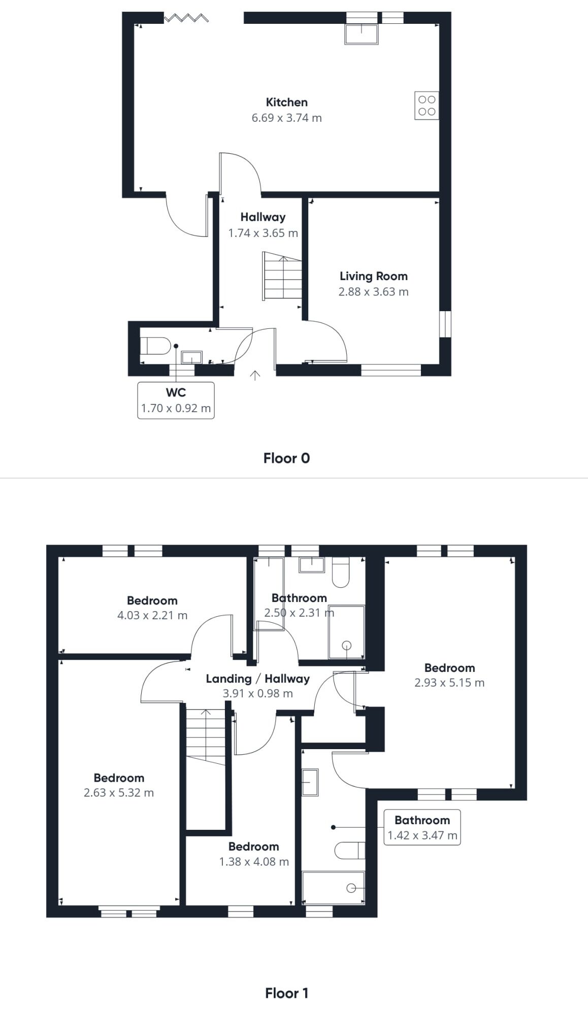 A two-floor apartment layout with a kitchen, living room, multiple bedrooms, and bathrooms.