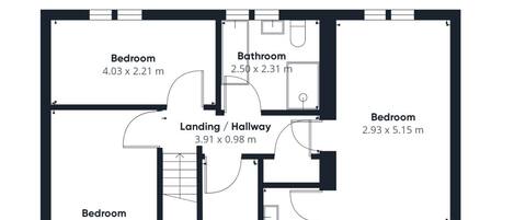 A two-floor apartment layout with a kitchen, living room, multiple bedrooms, and bathrooms.