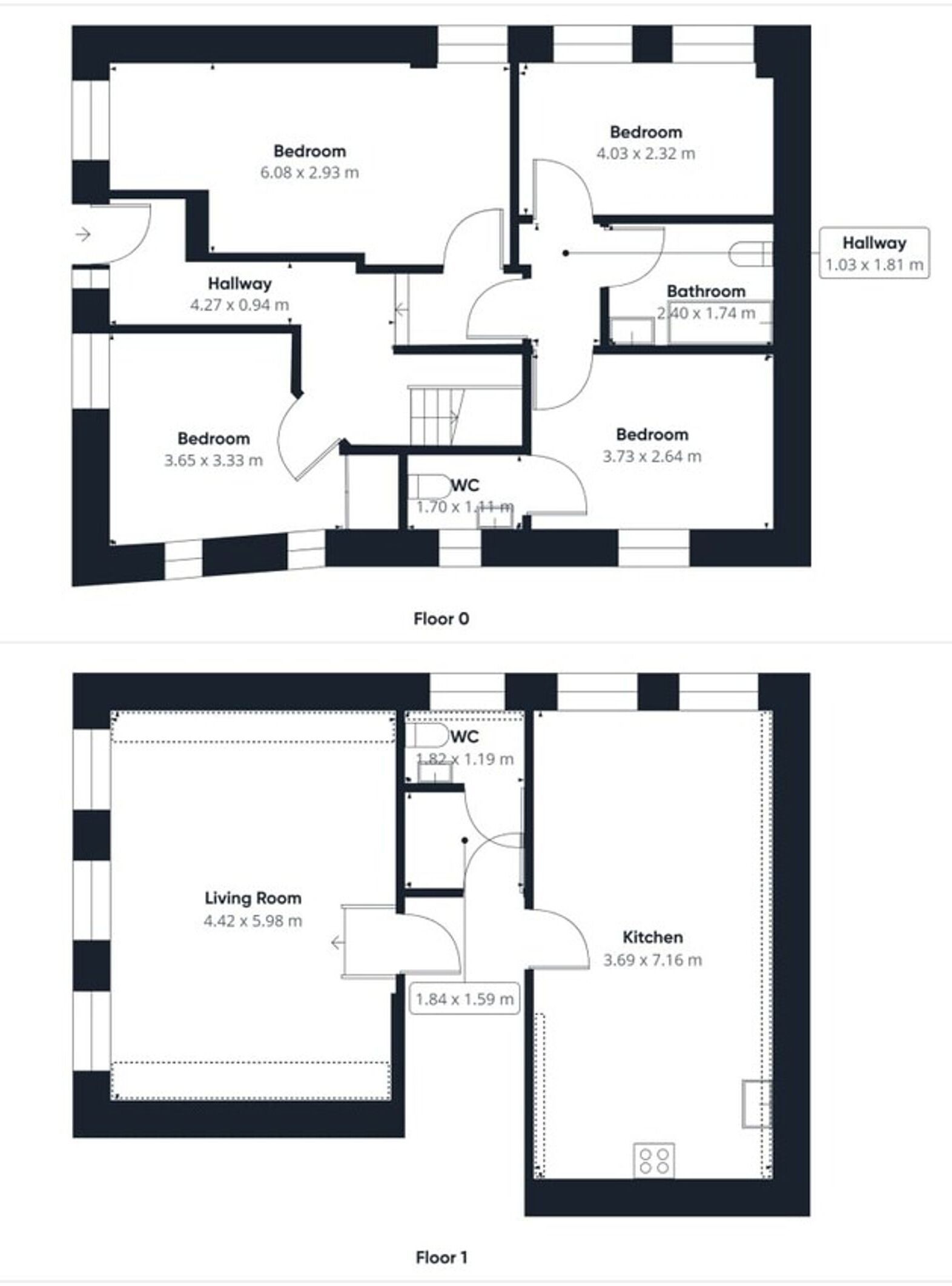 A floor plan with two bedrooms, a bathroom, a living room, a kitchen, and a hallway.