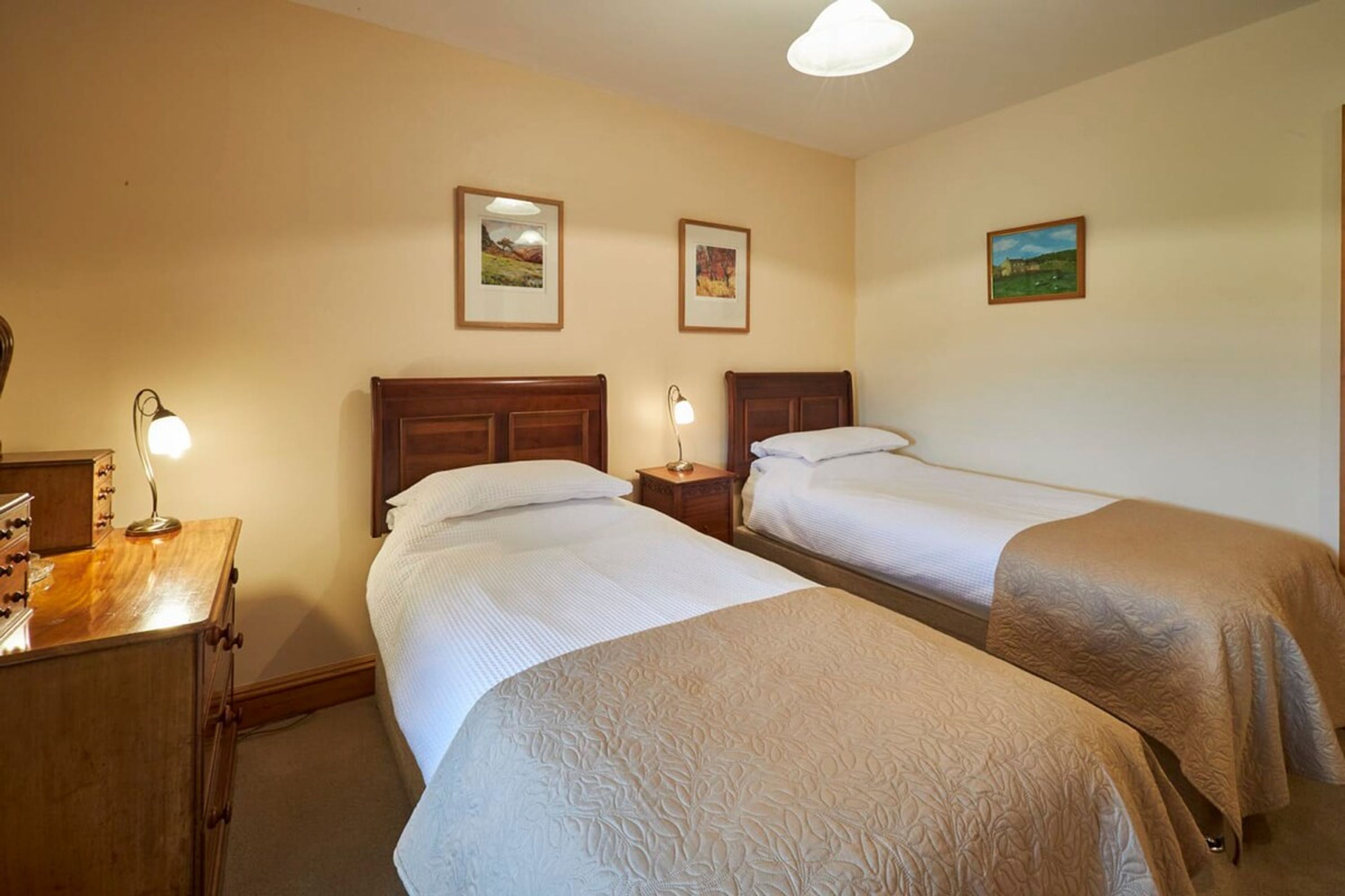 A hotel room with two single beds, a wooden nightstand with a lamp, and a dresser.