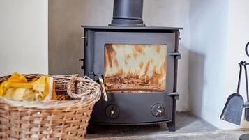 A wood-burning stove with a fire burning inside, a wicker basket with items, and a metal brush on the floor.