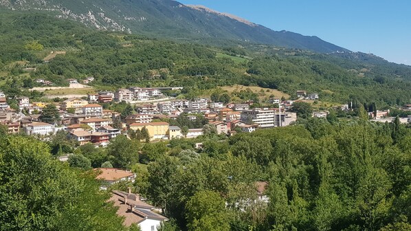 A hillside town with residential buildings, surrounded by dense forest and mountains.