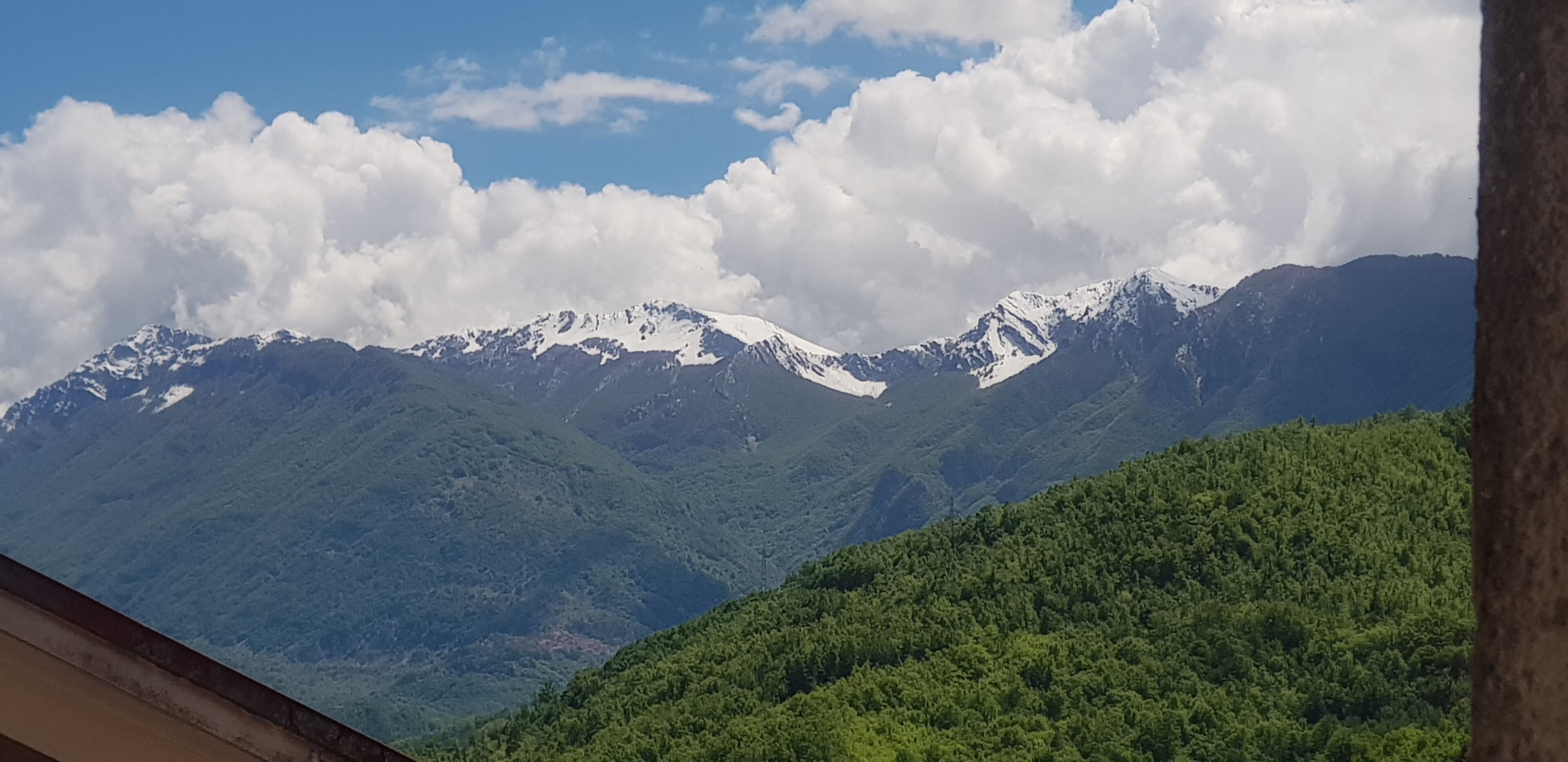 Eine Berglandschaft mit schneebedeckten Gipfeln und saftig grünen Tälern.