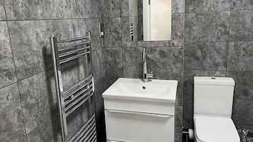 Shower, hair dryer, towels