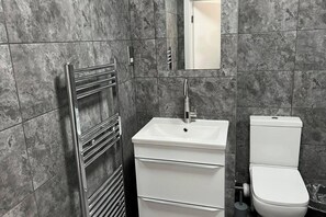 Shower, hair dryer, towels