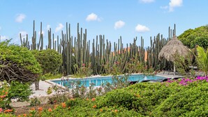Ein Pool, umgeben von Kakteen und tropischer Bepflanzung.