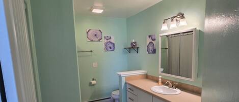A bathroom with light blue walls, a white sink, a mirror, and a toilet. There are three wall-mounted lights and a small shelf with a box.