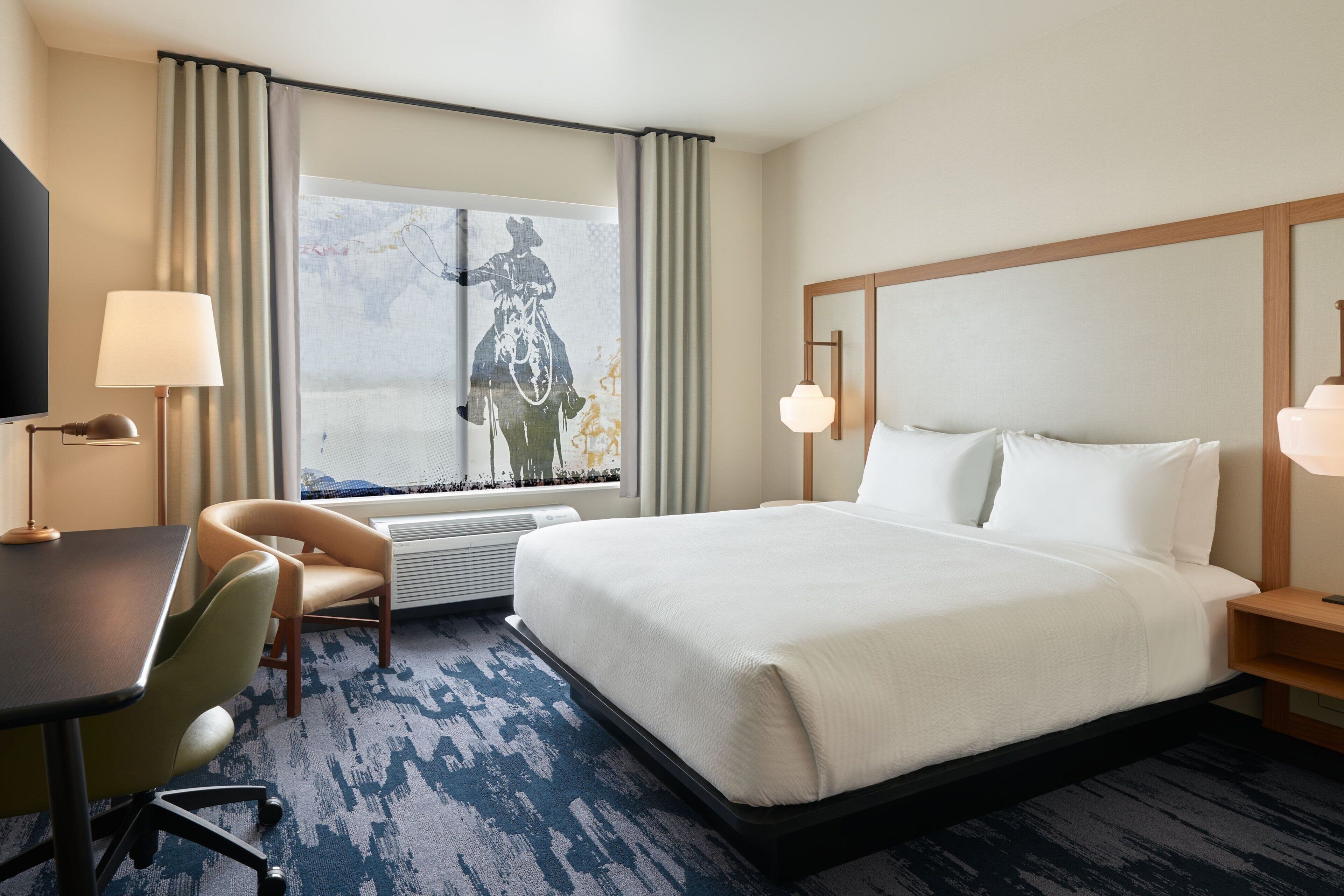 Desk, laptop workspace, blackout curtains, iron/ironing board