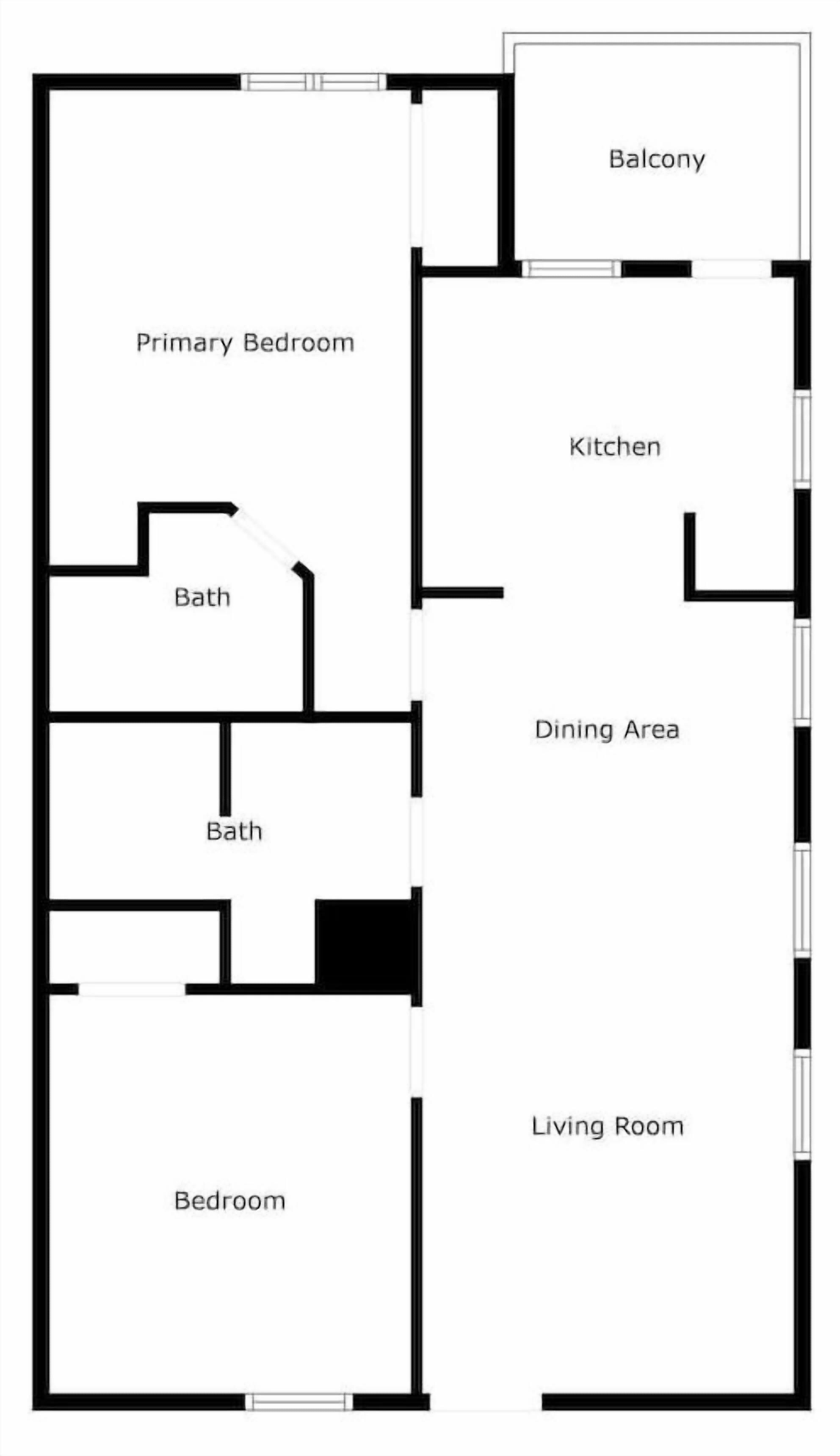 Un plan d’étage comprenant une chambre principale, un balcon, une cuisine, un coin repas, un salon et deux salles de bain.
