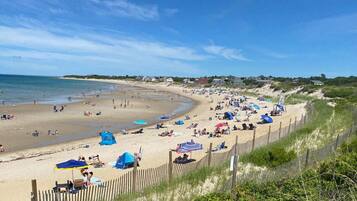 A beach with people, tents, and umbrellas.