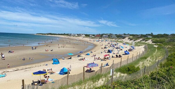 A beach with people, tents, and umbrellas.