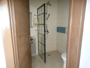 Hair dryer, towels, soap, shampoo