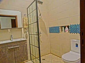 Hair dryer, towels, soap, shampoo