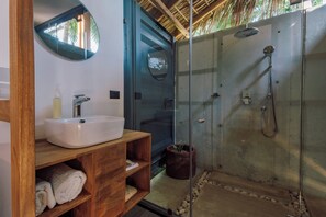 Shower, rainfall showerhead, towels, soap