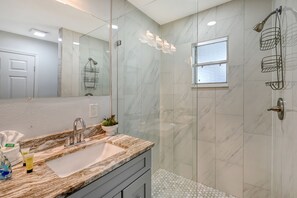 Hair dryer, towels, soap, shampoo