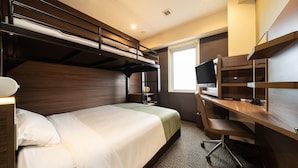 A hotel room with bunk beds, a desk, a chair, a television, and a window. - Super Hotel Mito Natural Onsen (Mito)