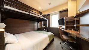 A hotel room with bunk beds, a desk, a chair, a television, and a window. - Super Hotel Mito Natural Onsen (Mito)