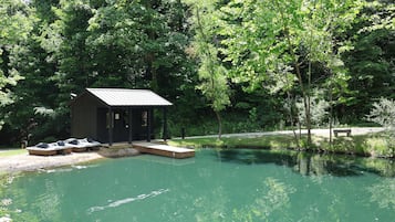 A cabin with a dock extending into a pond, surrounded by dense trees.