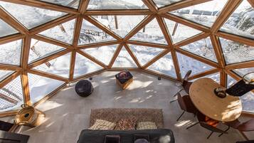 Il s'agit d'une structure en forme de dôme géodésique offrant une vue sur des montagnes enneigées. À l'intérieur, on trouve un espace salon avec une table ronde et des chaises.