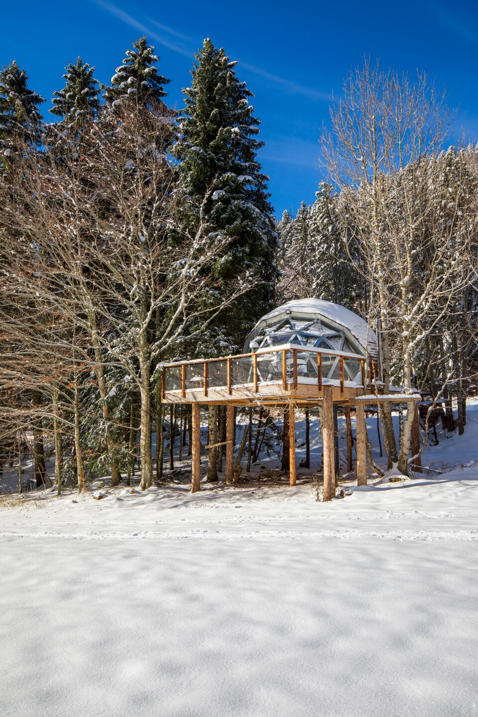 A snow-covered outdoor area with a wooden deck and a glass-enclosed structure.