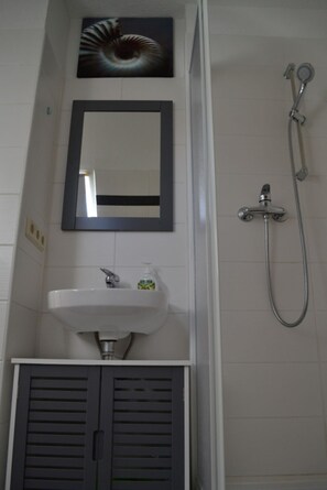 Douche, serviettes fournies, papier toilette