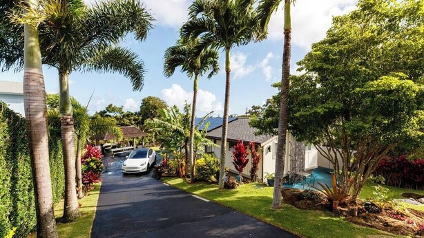 Una calle residencial bordeada de palmeras y casas.