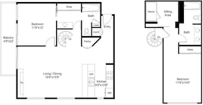 A floor plan of a hotel room with a balcony, a bedroom, a living/dining area, a bathroom, and a kitchenette. - Charlie's Slopeside: Ski-In/Out Penthouse, Creekside, Sleeps 7, Hot Tub, Walk to Ski School (Beaver Creek)