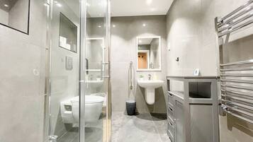 Eco-friendly toiletries, hair dryer, towels