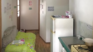 Una habitación pequeña y estrecha con cama, kitchenette y ventilador de techo.