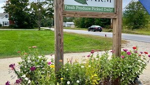 A wooden sign for Longview Farm with a corn illustration and text stating 'Fresh Produce Picked Daily!'