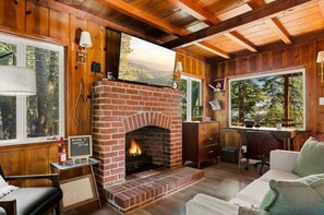 Smart TV, fireplace, books, music library