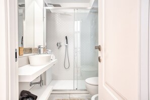 Shower, hair dryer, bidet, towels