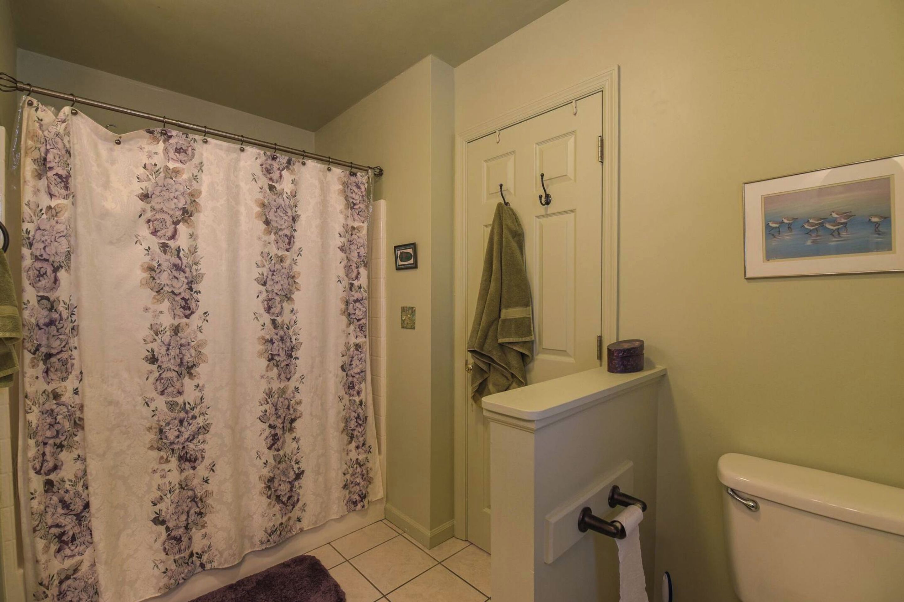 Un baño con cortina de ducha, inodoro, toallero y un cuadro en la pared.