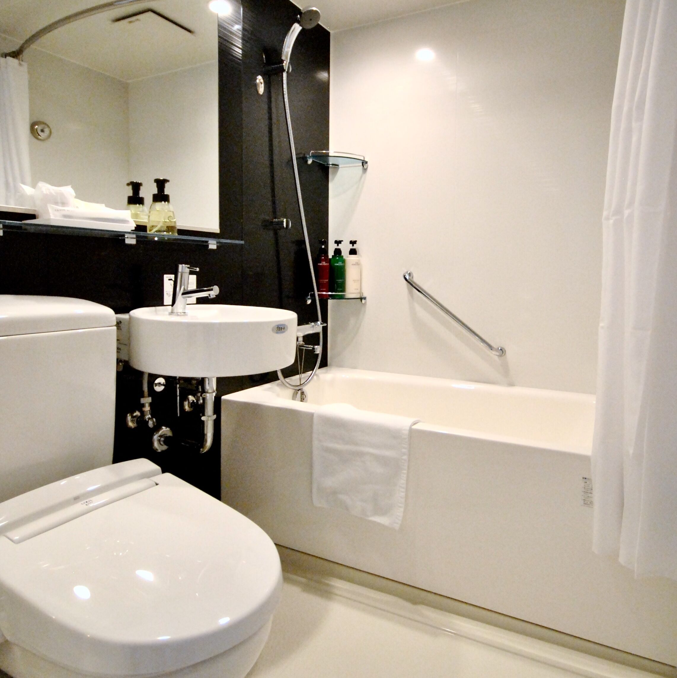 Un bagno moderno con un water, un lavandino e una vasca.