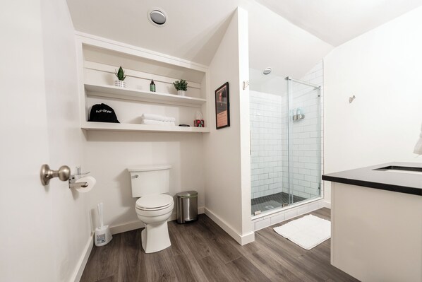 Shower, hair dryer, towels, soap