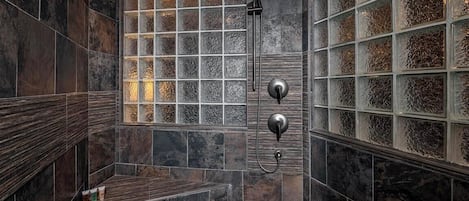 Hair dryer, towels, soap, shampoo