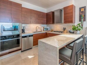 Fridge, microwave, oven, toaster