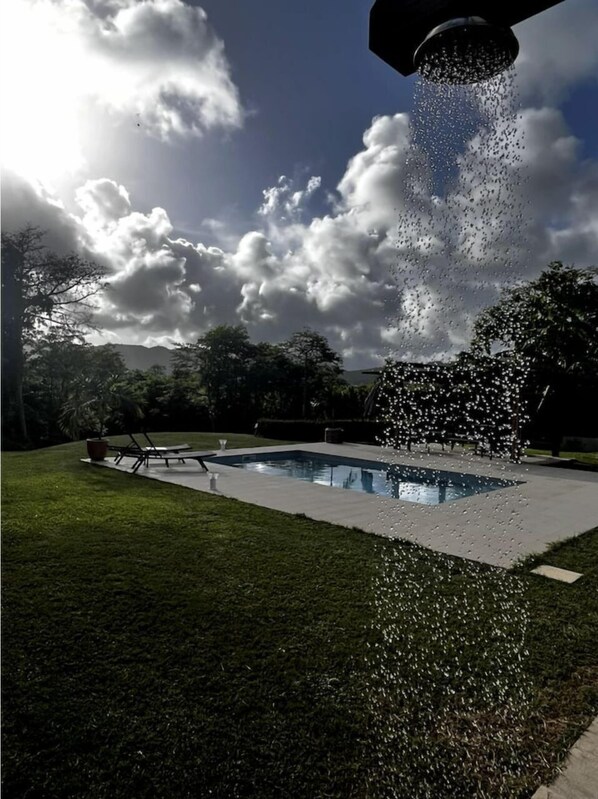 A swimming pool with a water feature, surrounded by a grassy area and trees.