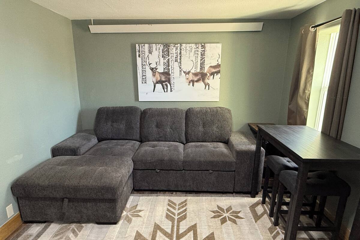 A living room with a sectional sofa, a small table, and a rug with a leaf pattern.
