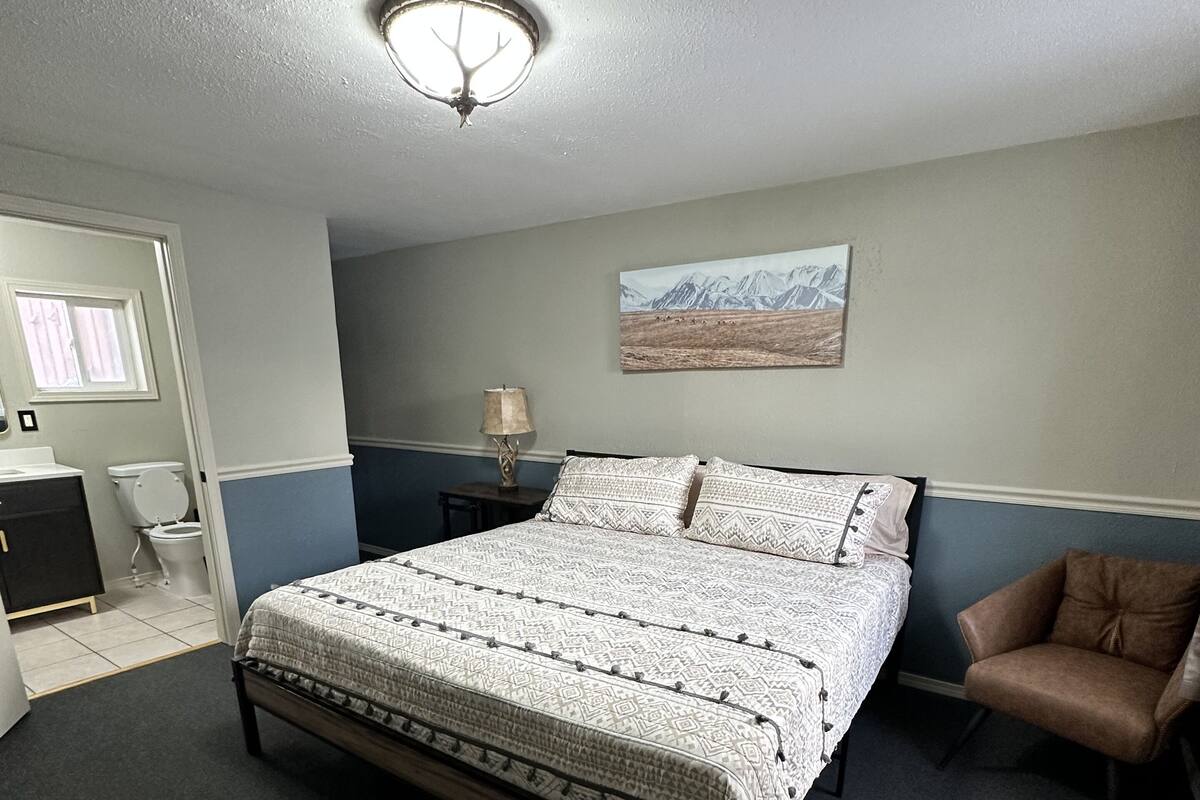 A bedroom with a bed, a chair, a nightstand, a lamp, and a painting on the wall.