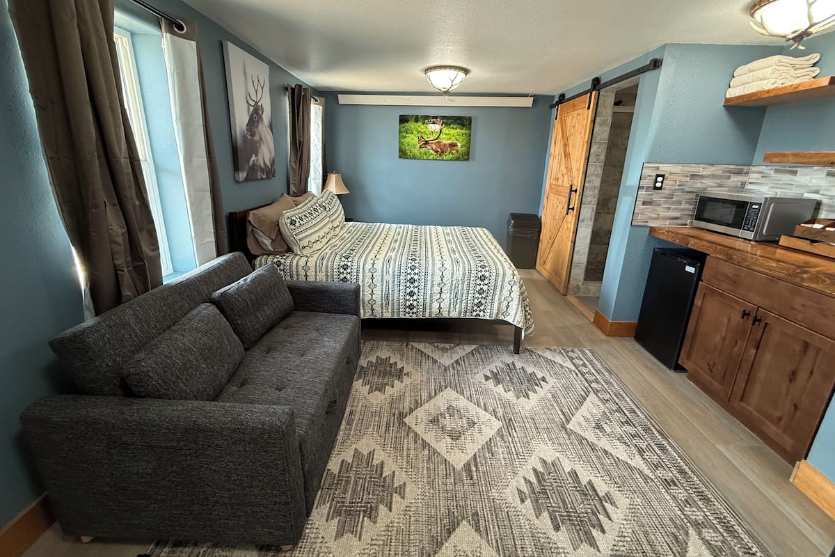 A compact room with a bed, a sofa, a kitchen area, and a window with curtains.