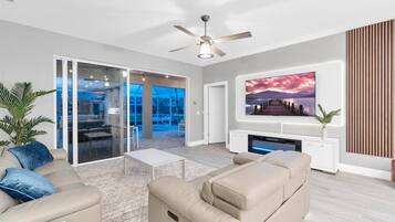 Smart TV, fireplace, video games, books